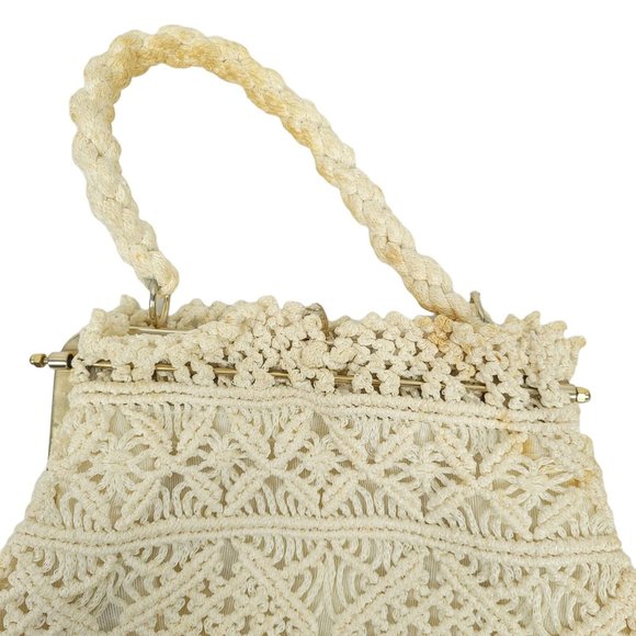 Vintage Crochet Handbag AS-IS READ Rope Handle Boho Purse Clasp Closure Cream - Picture 7 of 11